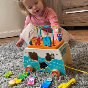 Girl Playing with Wooden Noah Playset